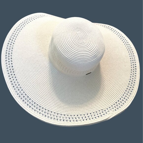 Nine West Soft White Wide-Brim Straw Floppy Summer Sun Travel Beach Pool Hat - Picture 8 of 13